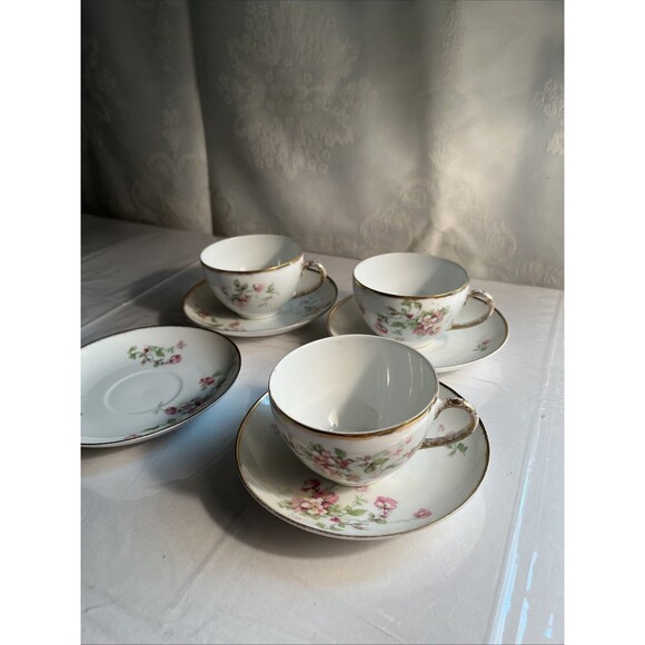 B & Co France Vintage Hand Painted 3 Cups And 4 SaucersFloral Pattern - Picture 1 of 6